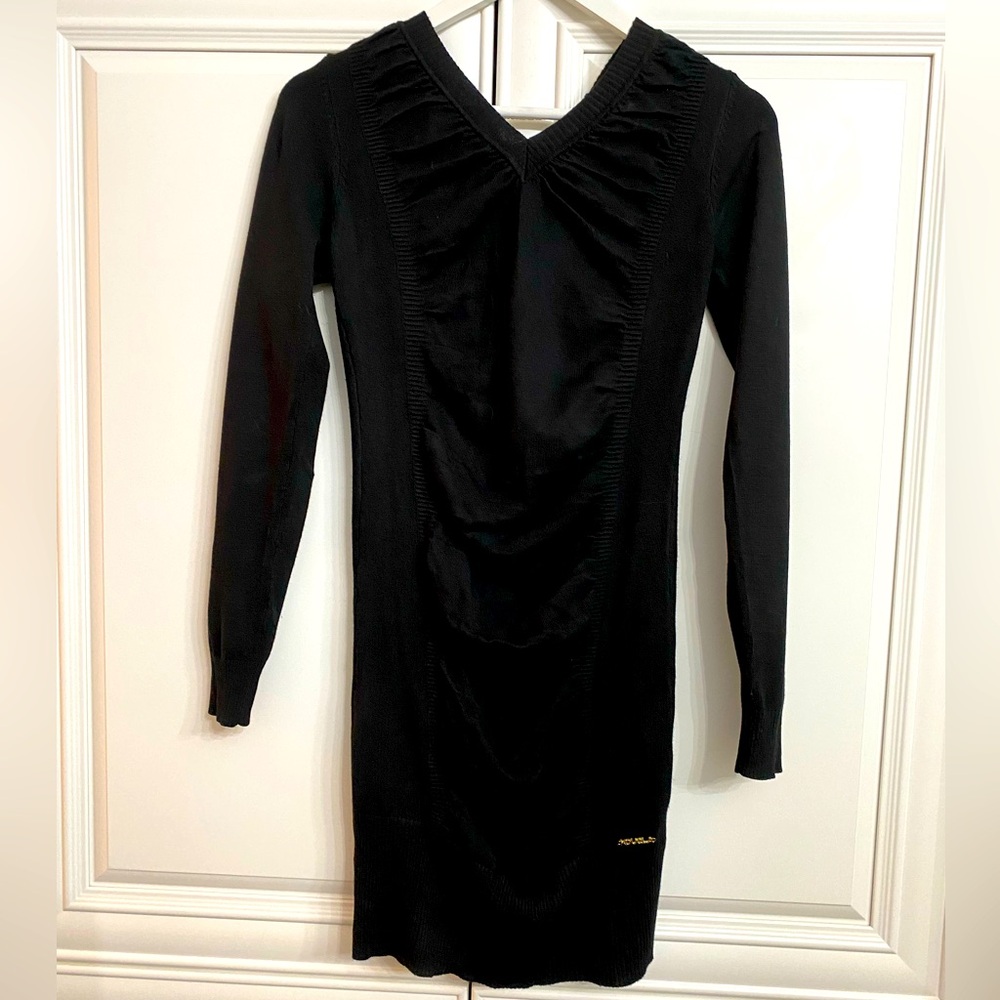 Koucla Sz Small-Medium Black Long Sleeve Sweater Dress Ruching Gold Chain Back